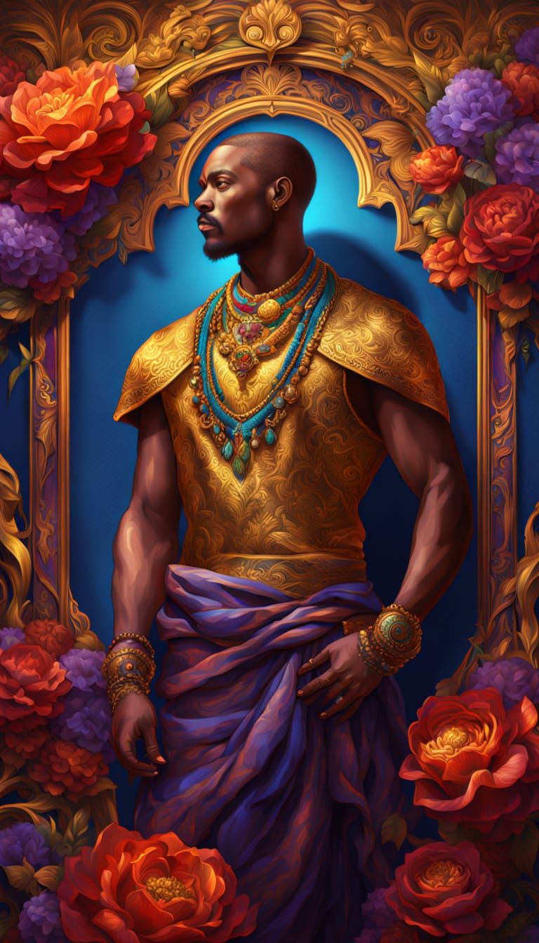Serene Man Adorned in Gold Amidst Vibrant Flowers