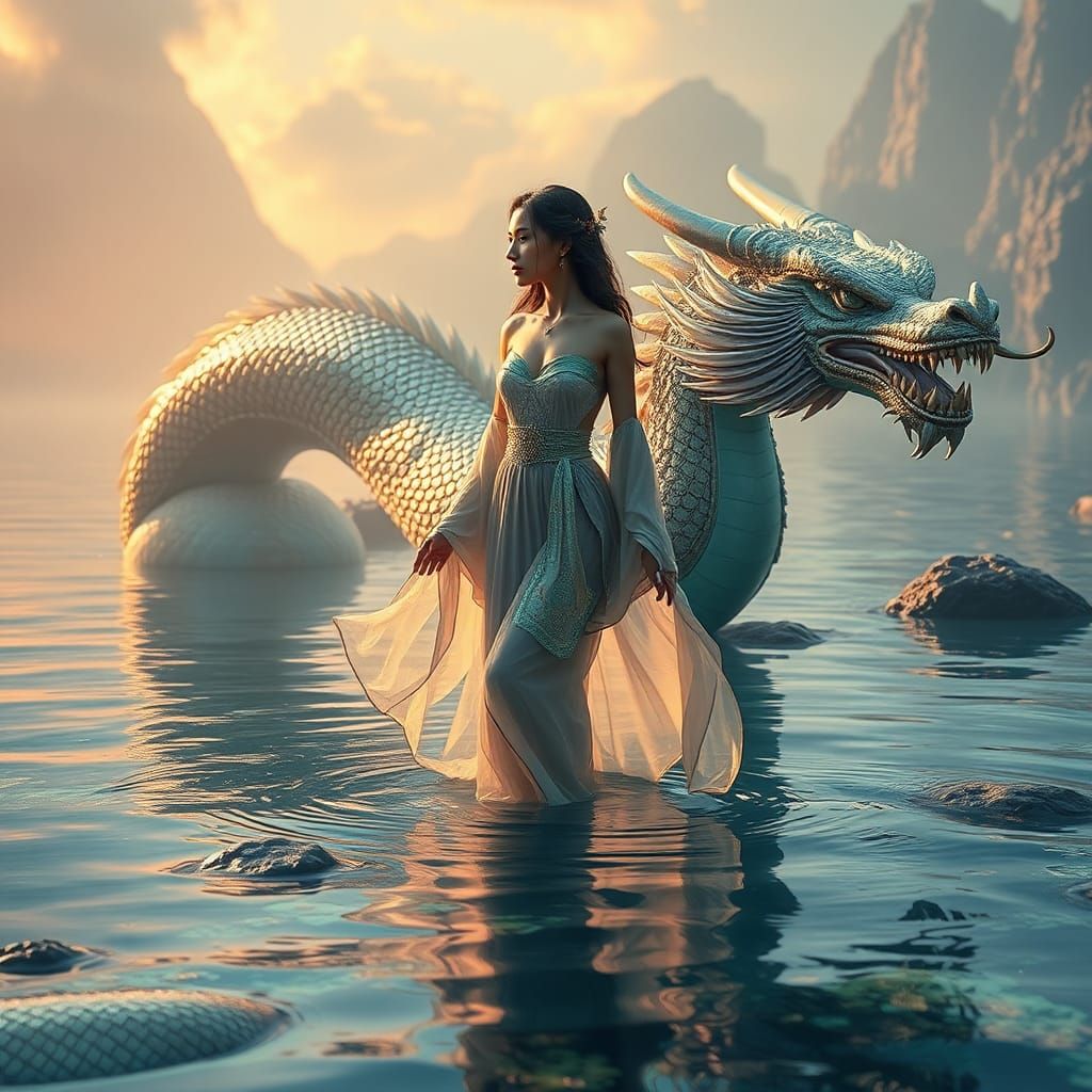 Woman and Dragon in Ethereal Landscape