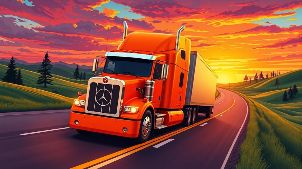 Orange Truck on Open Highway at Sunset