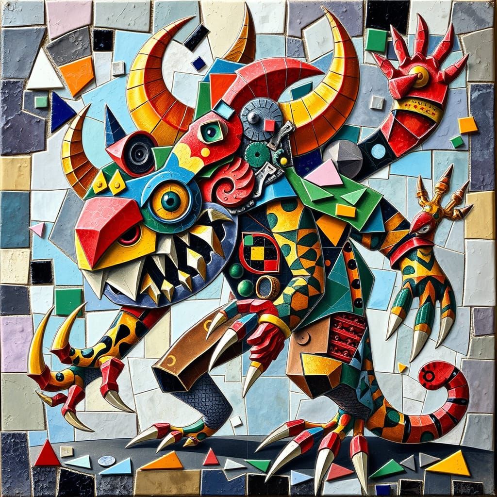 Vibrant Cubist Mosaic Monster Emerges