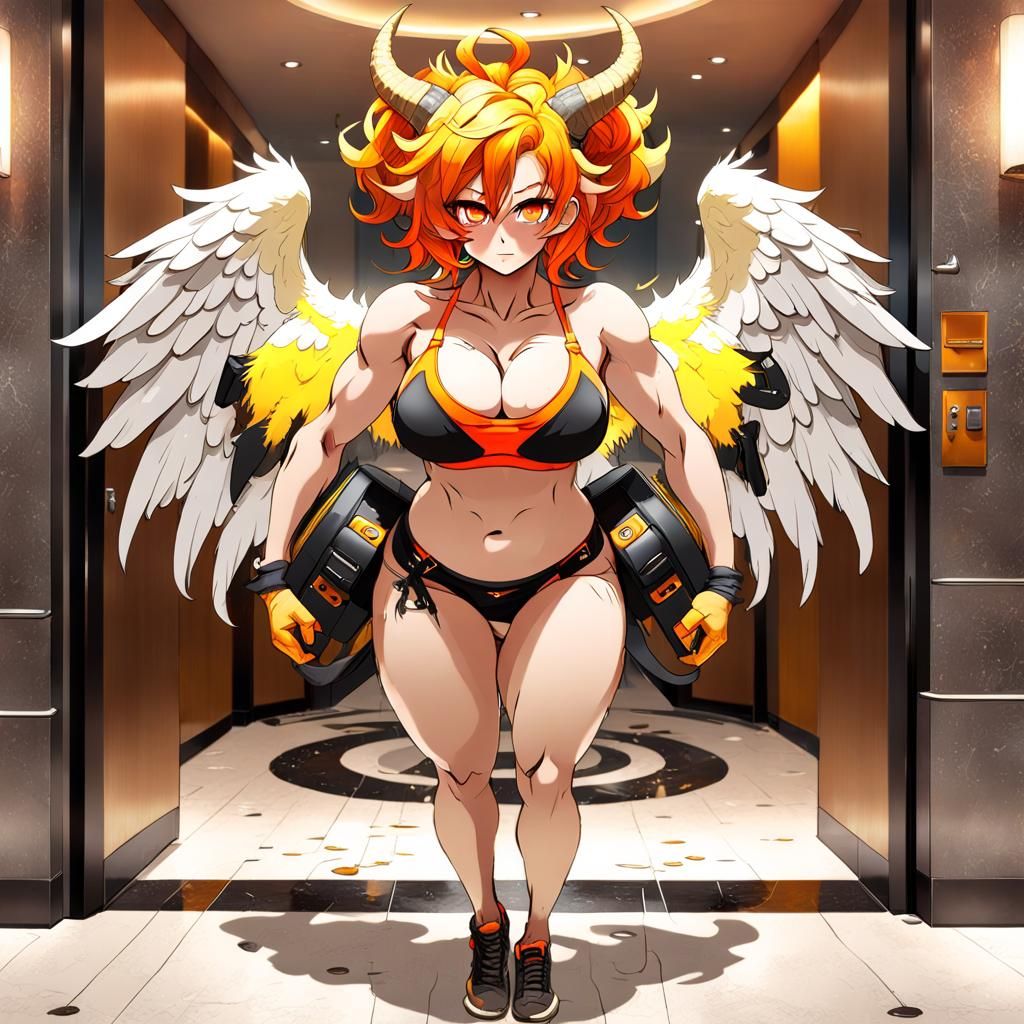 Hyperrealistic Angel Woman in Hotel Entrance