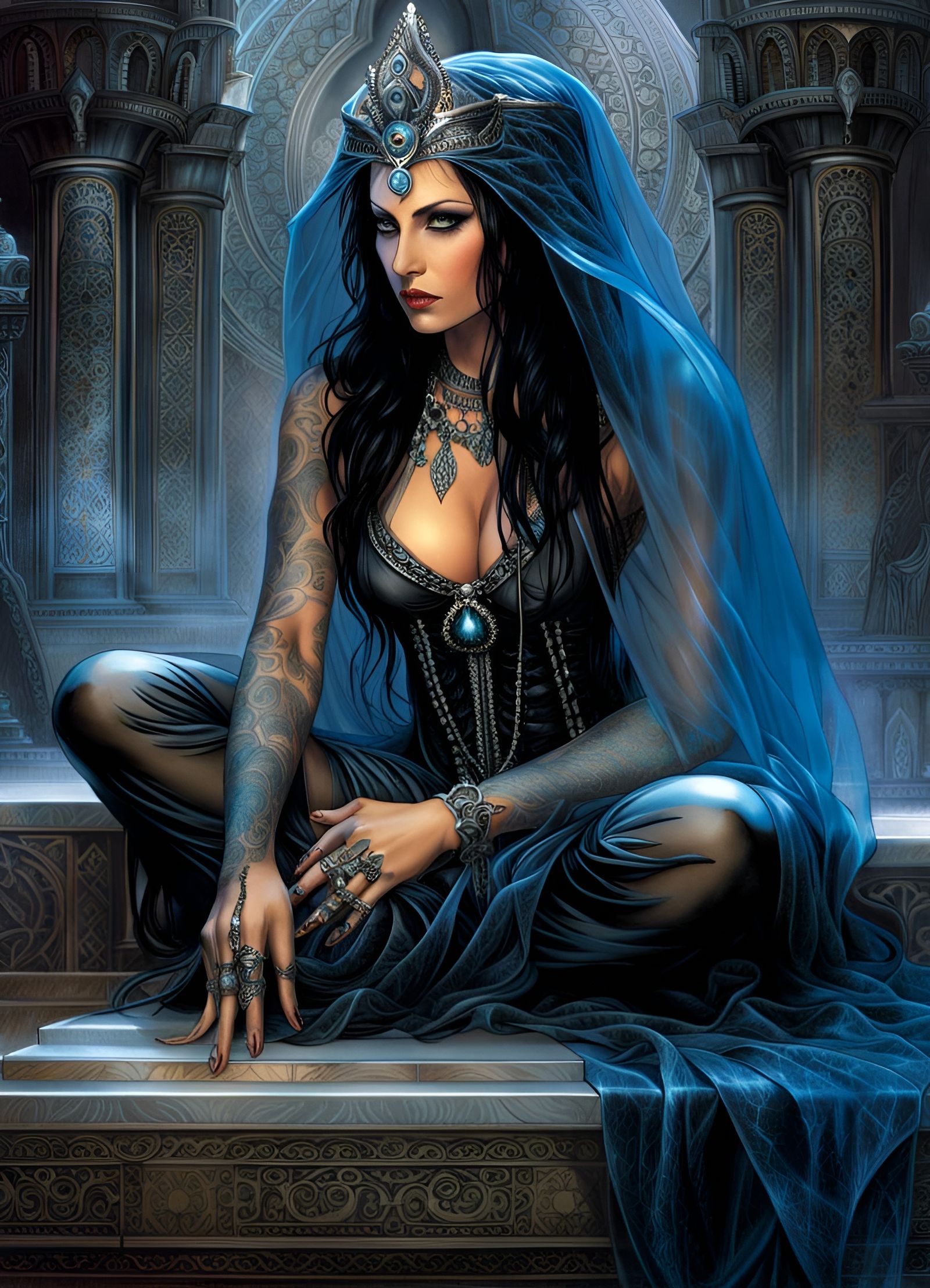Voluptuous Priestess in Dark Fantasy Temple