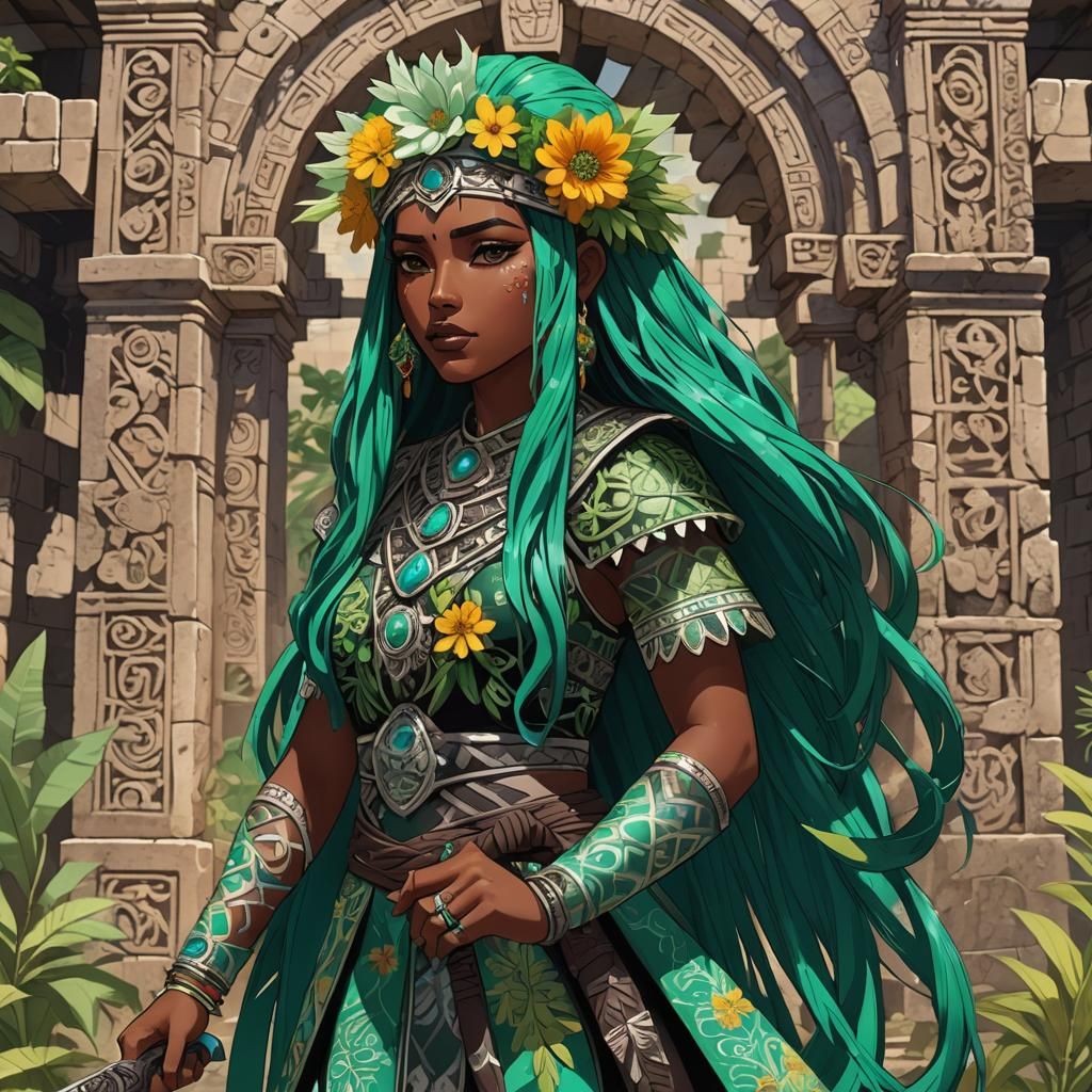 Latina Anime Girl with Obsidian Sword in Mesoamerican Ruins