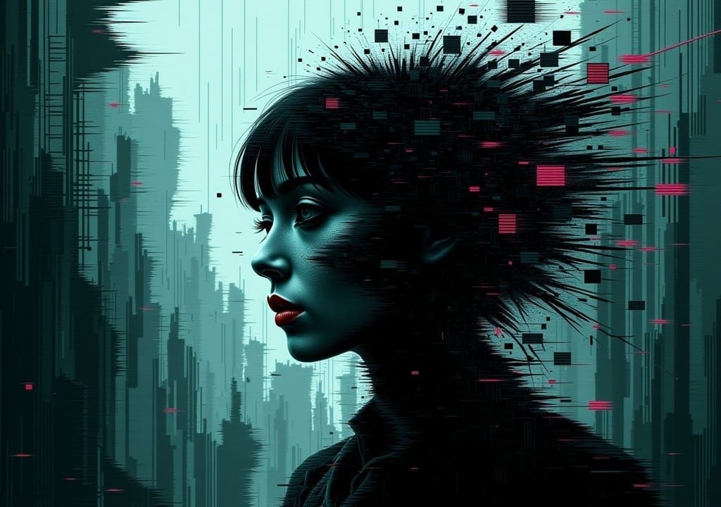 Ghostly Figure in Dystopian Cyberpunk Landscape