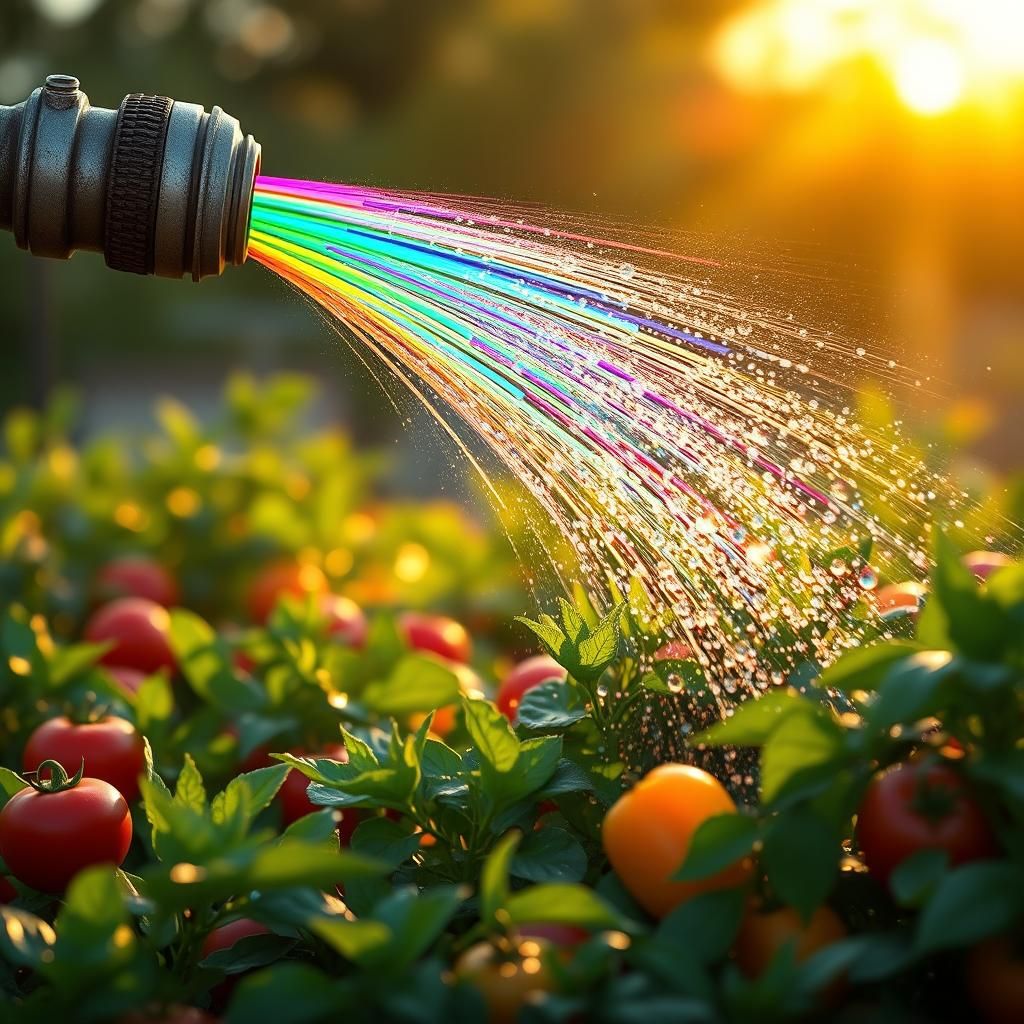 Rainbow Garden Hose Sprinkling Veggie Patch