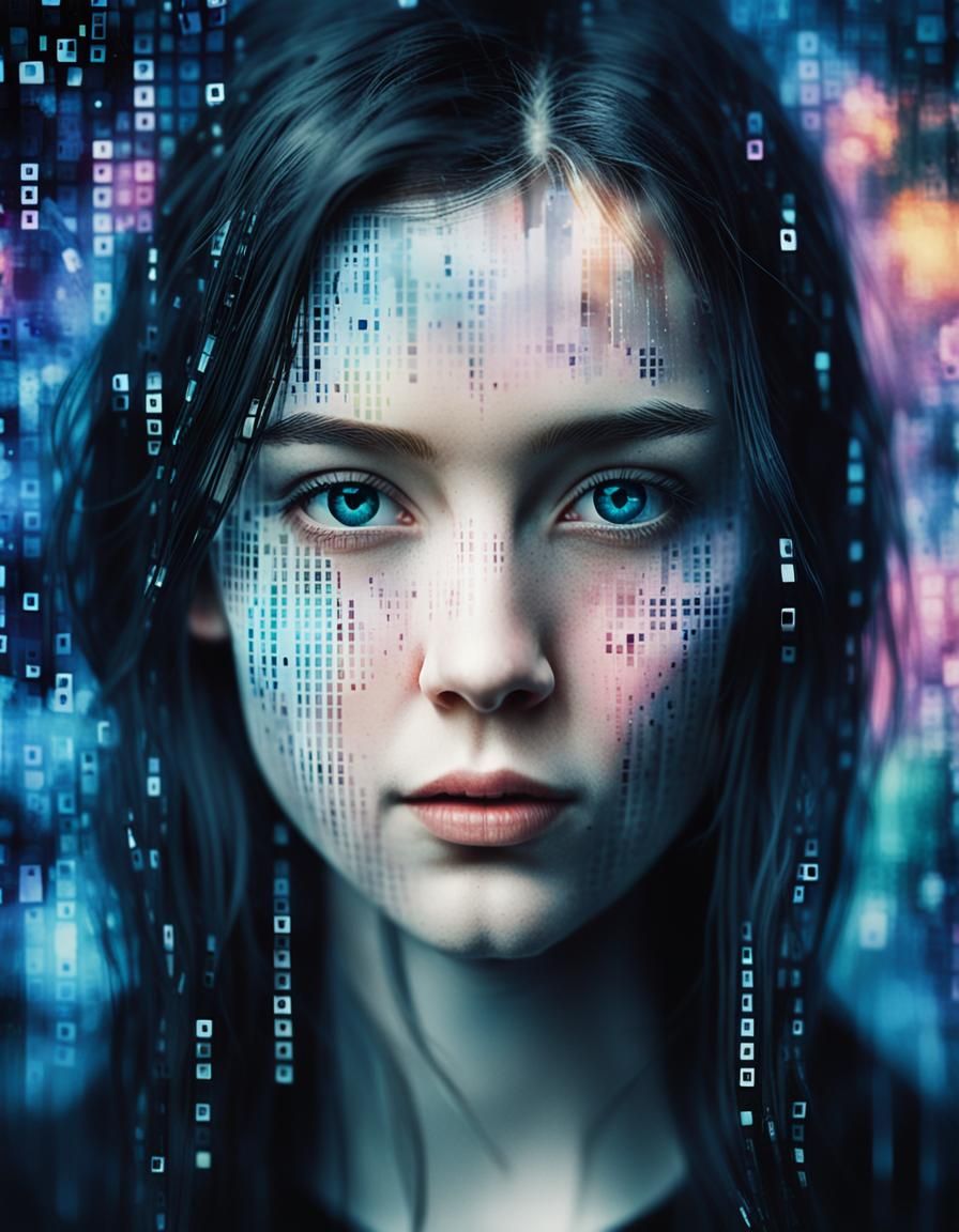 Binary Portrait with Gothic Glow in Pixel Art Fusion