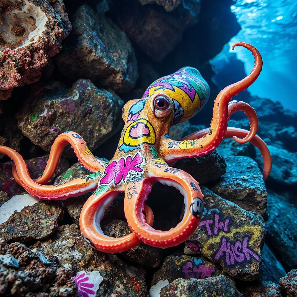 Graffiti Squid Camouflages in Vibrant Urban Ocean Art