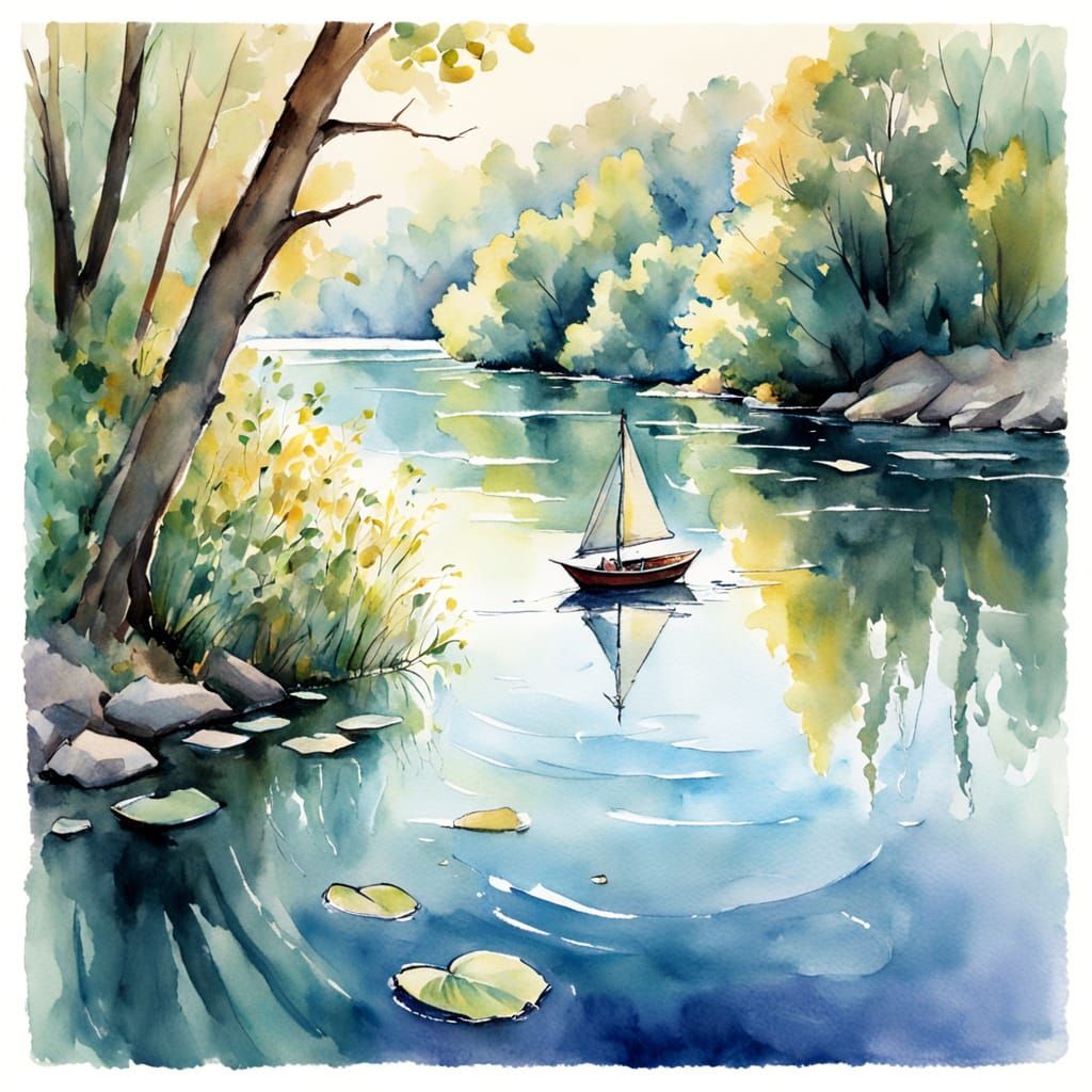 Watercolor Sketch of Hat Boat on River