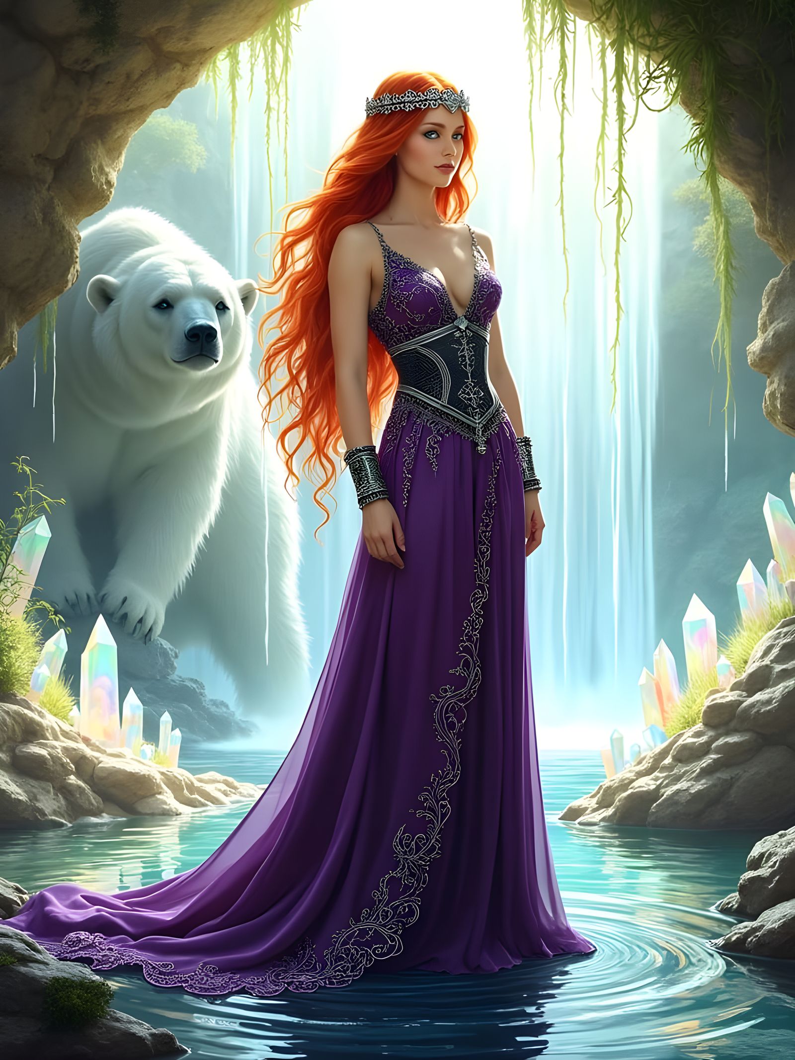Red-Haired Woman and Armored Polar Bear in Art Nouveau