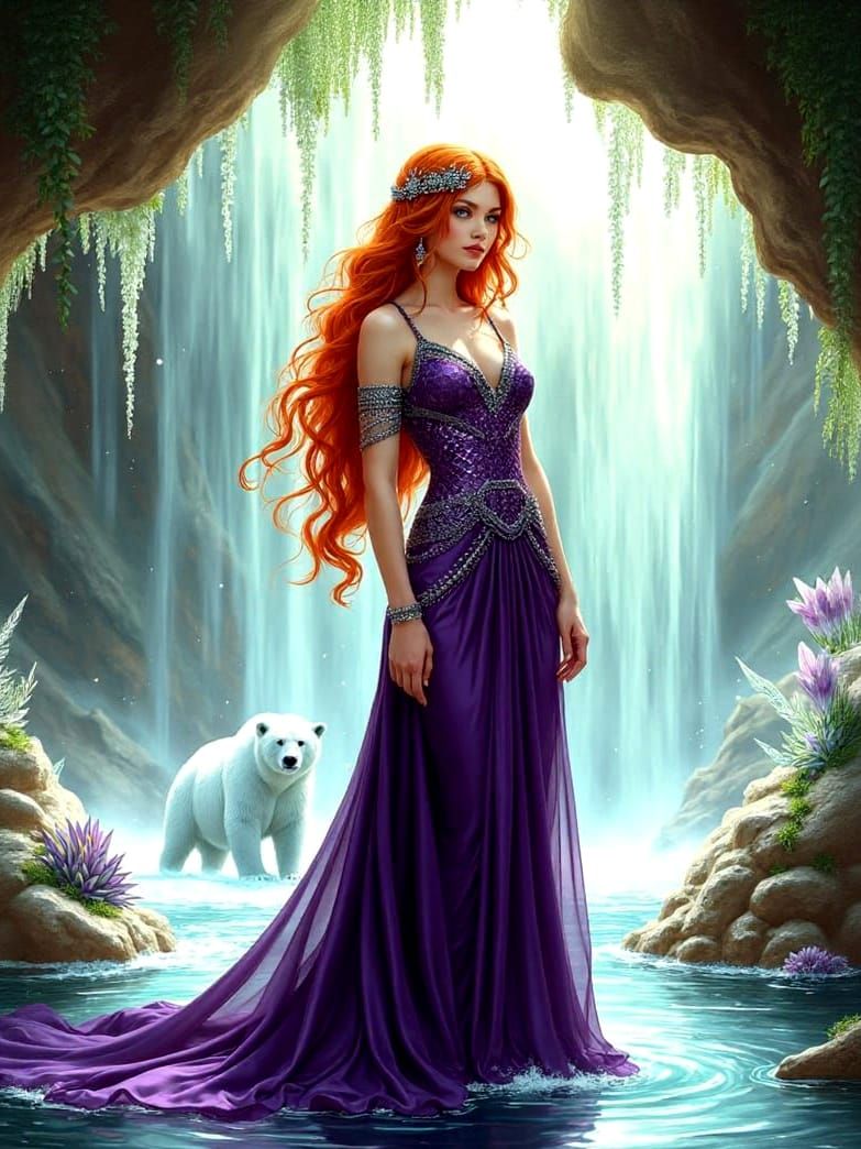 Woman and Polar Bear in Art Nouveau Grotto