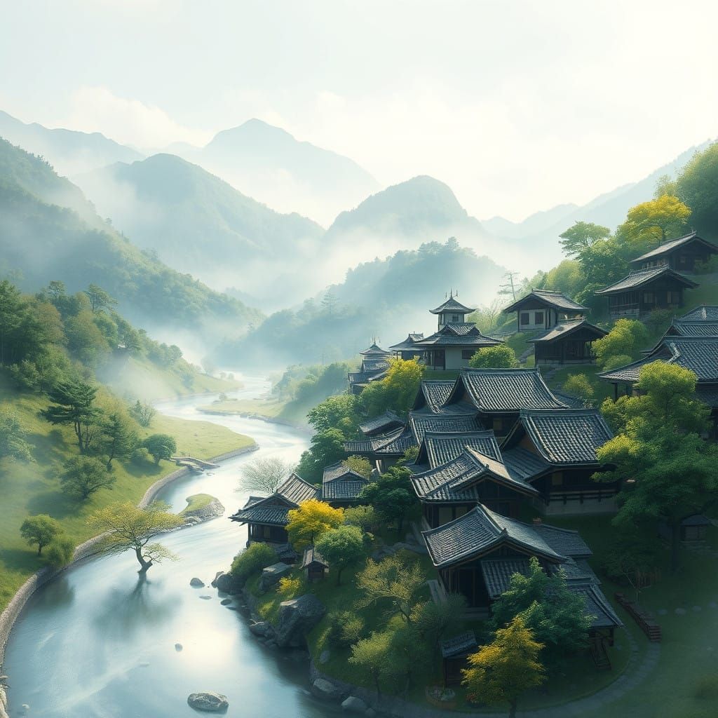 Peaceful Korean Village Envisioned in Watercolor Style