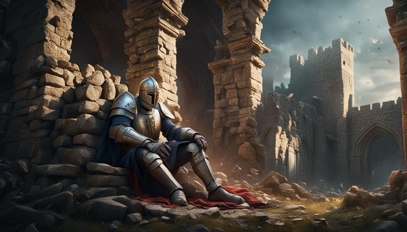 Crusader Knight Rests in Castle Ruins