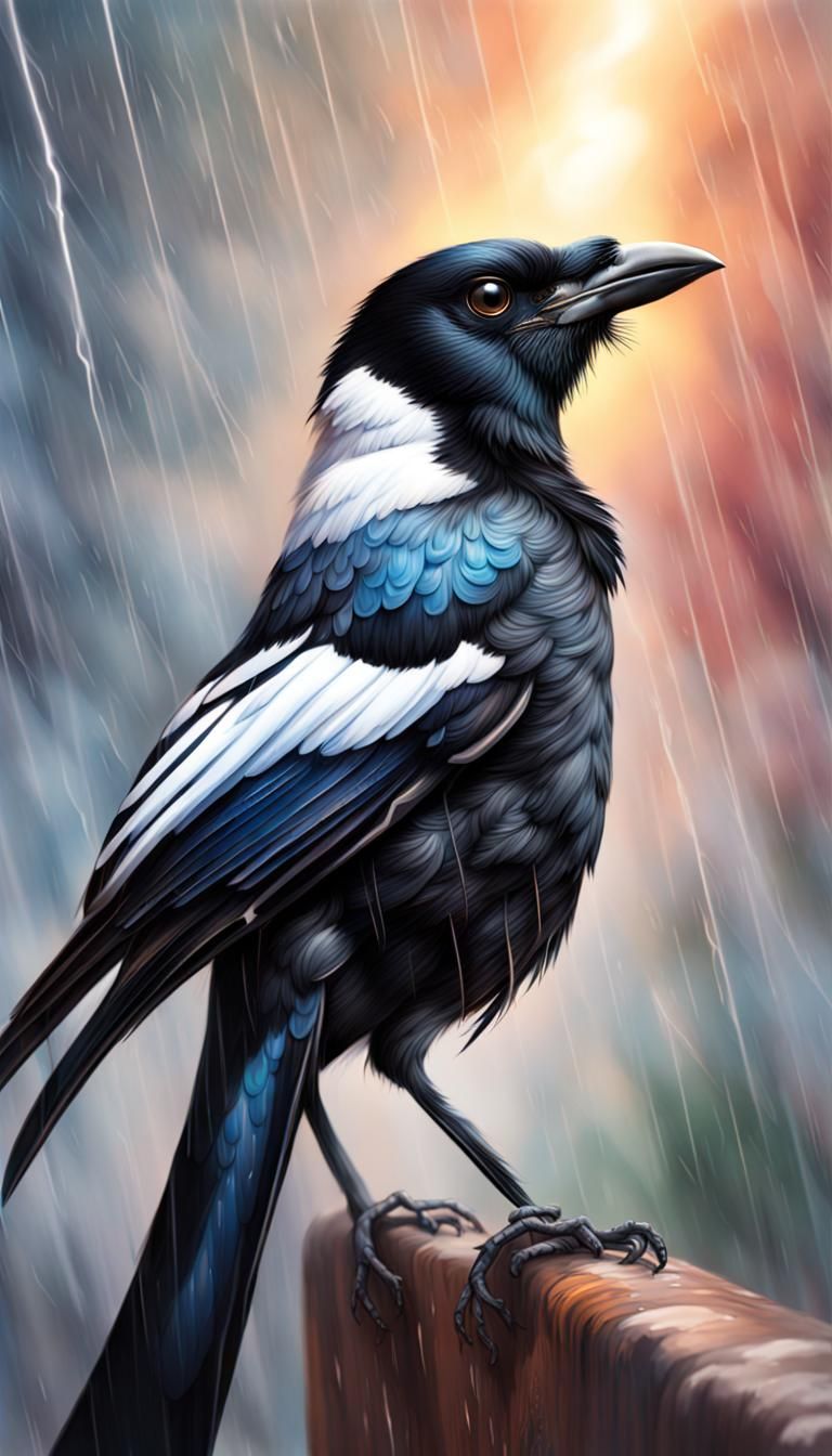Magpie Defies Storm in Hyperrealistic Splash Art