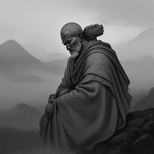 Monk Meditating on Misty Mountain Peak in Ink Wash Style