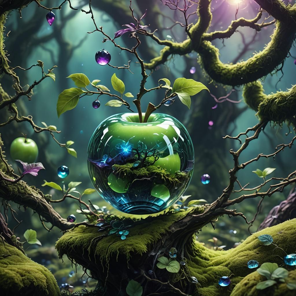 Levitating Glass Apple in Fantasy Setting