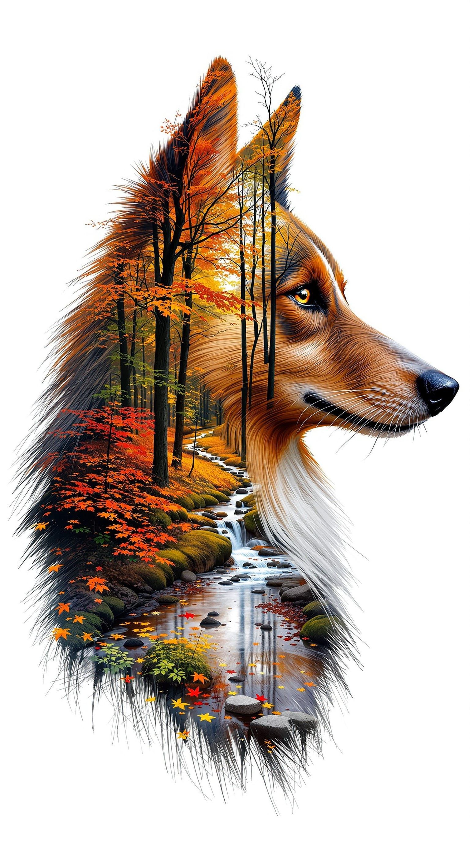 Sheltie Silhouette Double Exposure Autumnal Woods Illustrati...