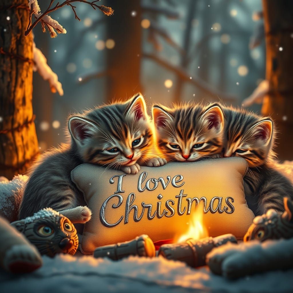 Whimsical Kittens Gather Around a Winter Wonderland Campfire
