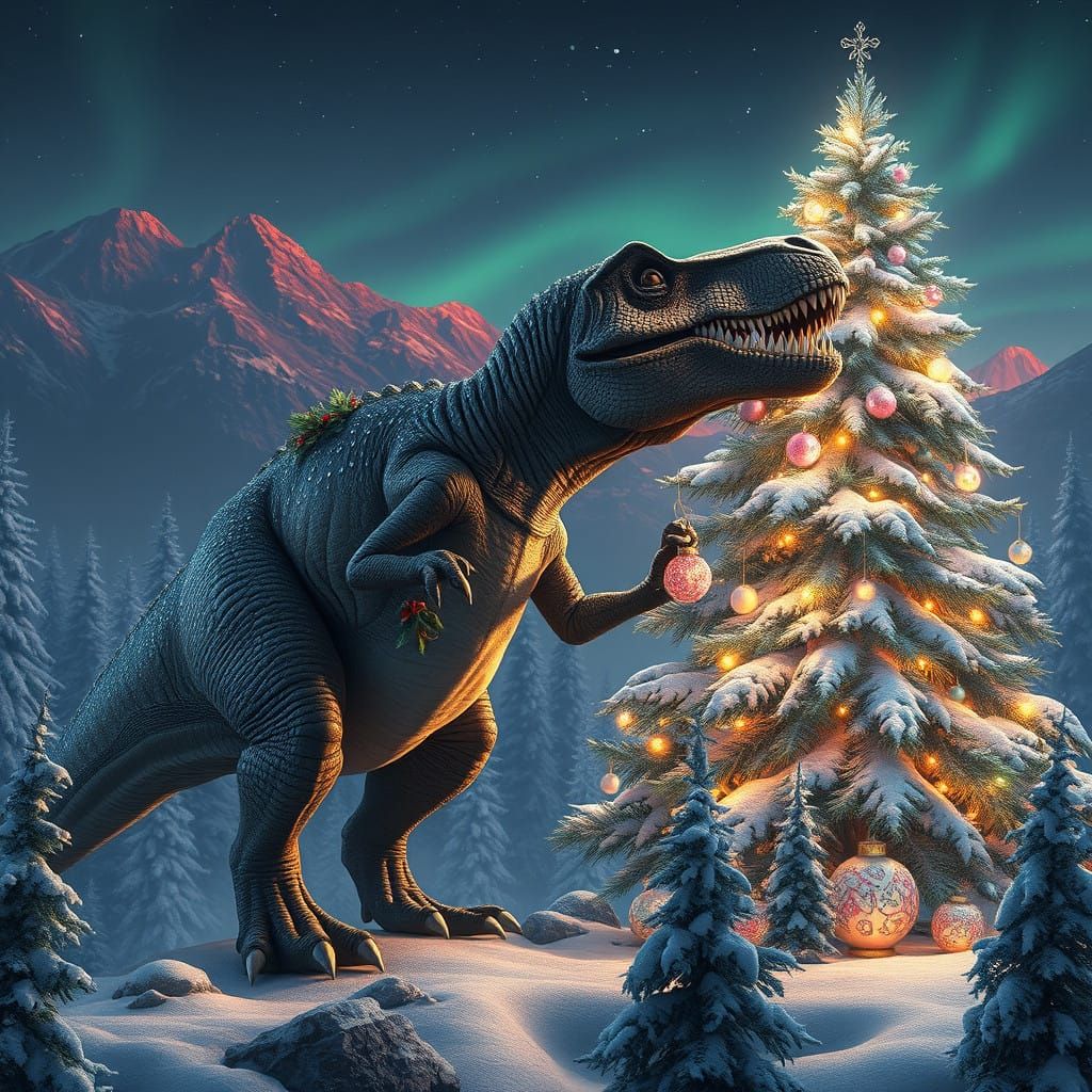 Majestic T-Rex Adorns Ancient Forest Christmas Tree