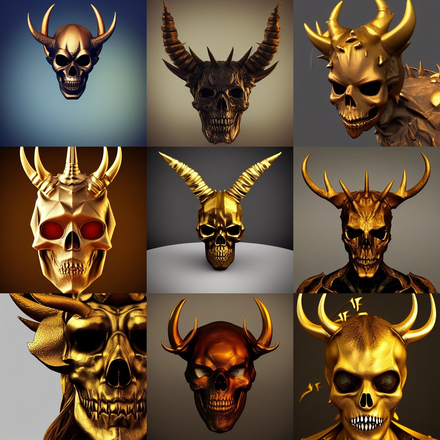 Golden Horned Undead Devil Skull, Photorealistic 3D Render
