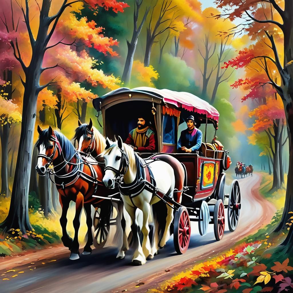 Romantic Autumn Gypsy Wagon Ride in Impasto and Pastel Chalk...