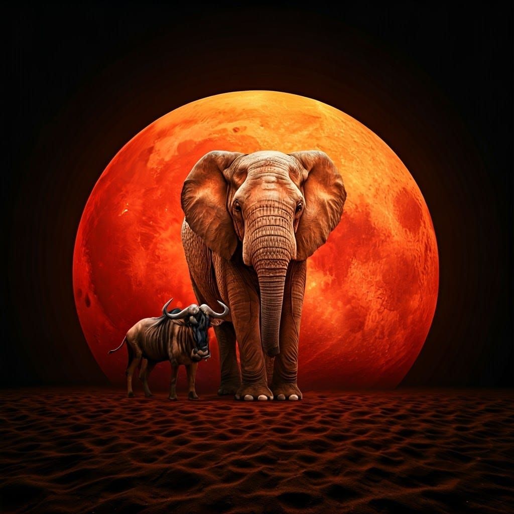 Elephant and Wildebeest on a Red Moon