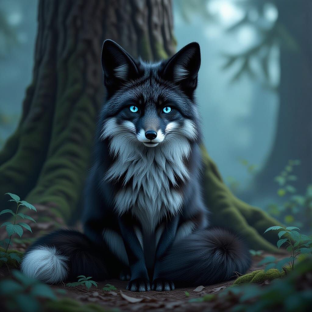 Melanistic Fox in Ancient Forest, Realistic Digital Art