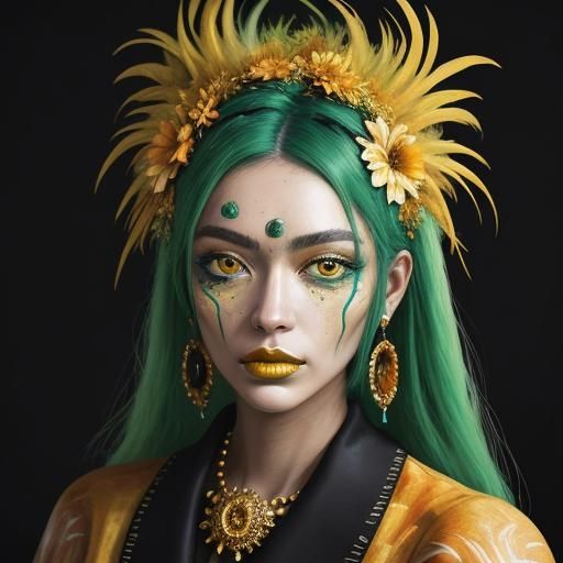 Golden Woman with Peacock Feathers in Abstract Expressionism