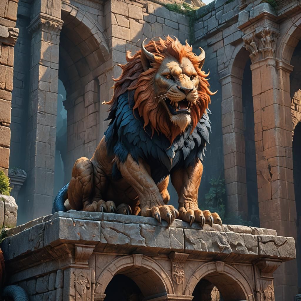 Manticore Perched Atop Ancient Ruins: Fantasy Art