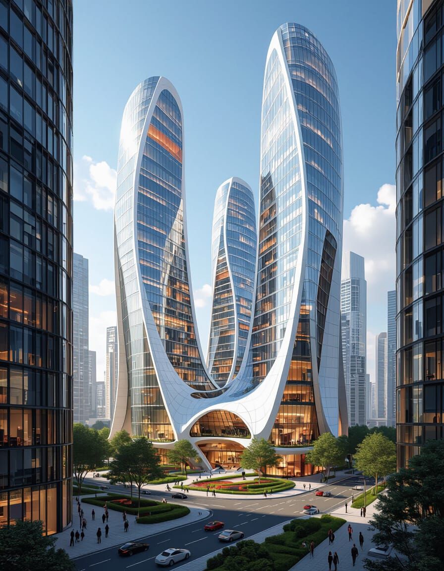 Futuristic Glass Petal Skyscrapers in Modern City