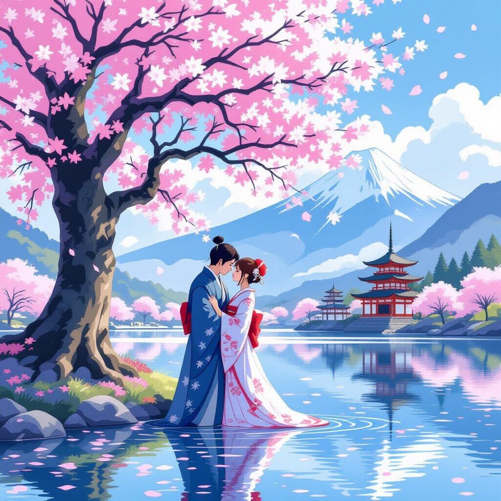 Couple Embracing Under Sakura Tree by Lake