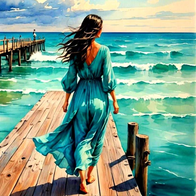 Woman on Pier in Dreamy Watercolor Painting