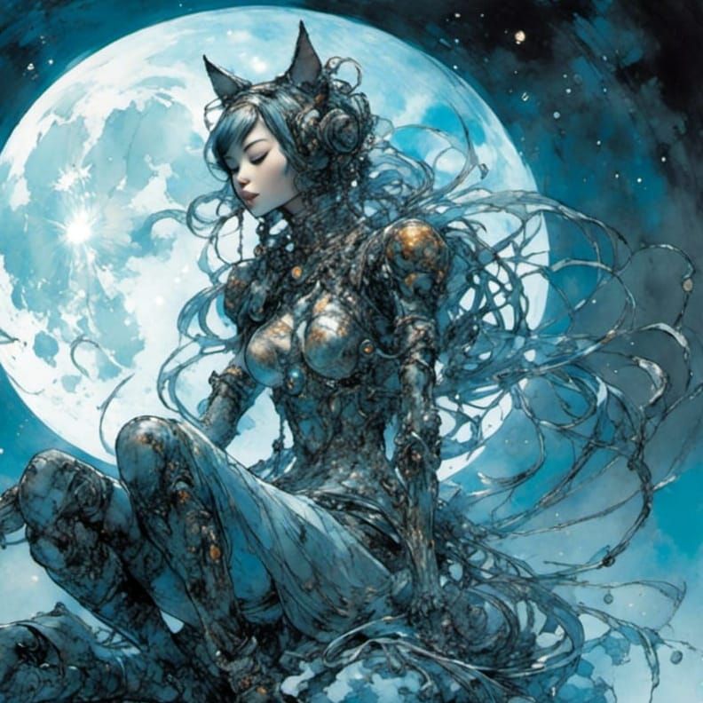 Japanese Robotic Woman Meditating in Moonlight