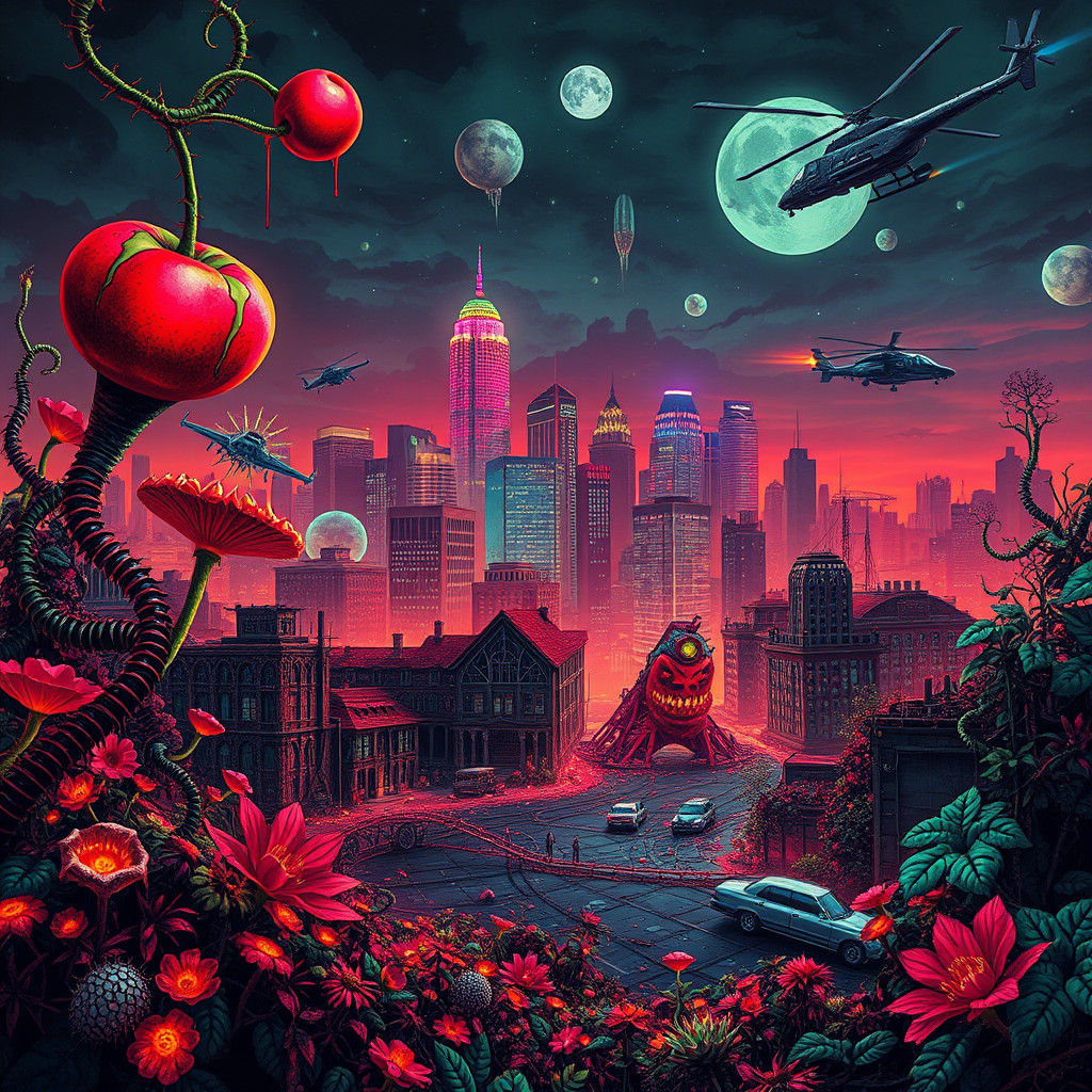 Overgrown Minneapolis Skyline with Bioluminescent Flora