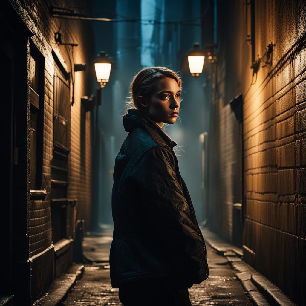 Cinematic Portrait in Dimly Lit Alleyway