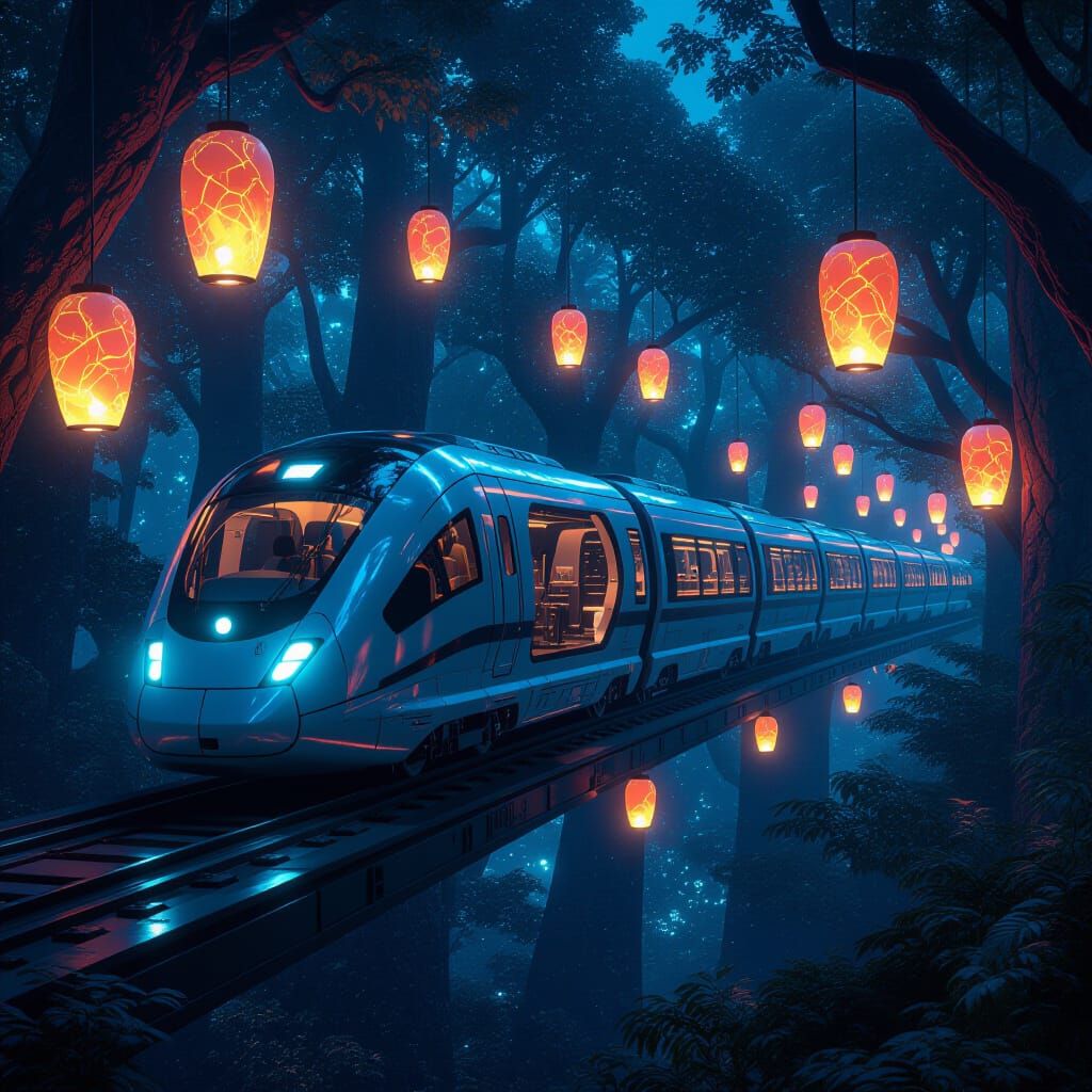 Biomechanical Train Gliding Through Bioluminescent Forest