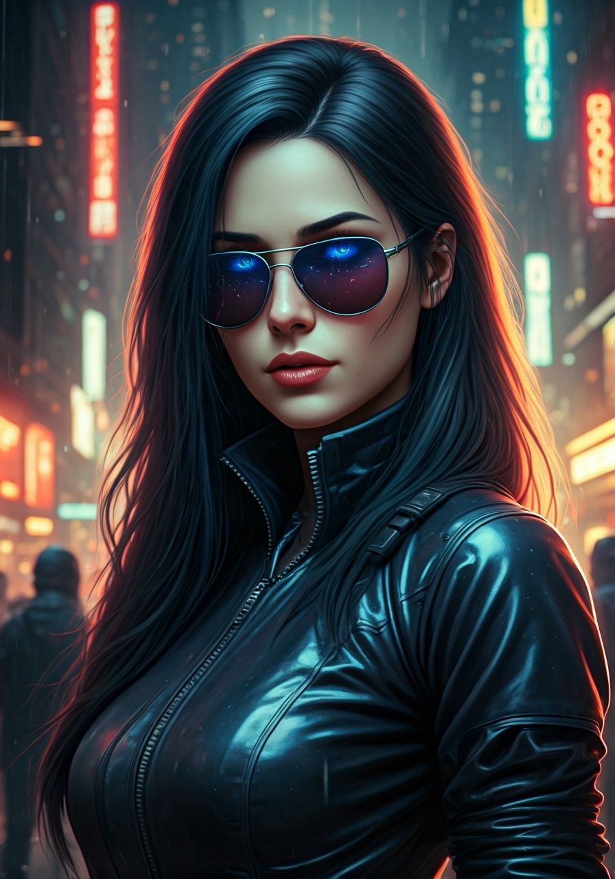 Cyberpunk Woman in Rainy Cityscape