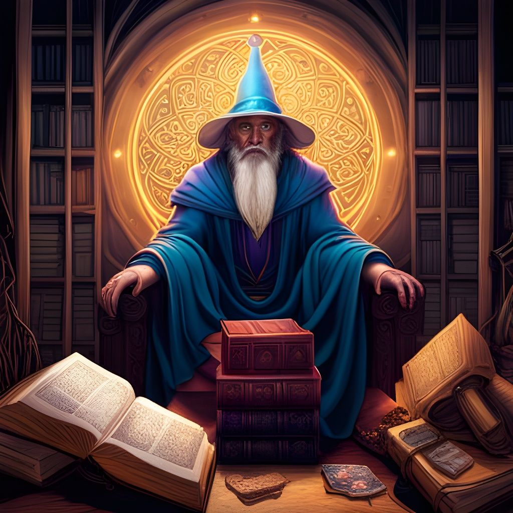 Mystical Wizard Amidst Ancient Scrolls and Magic