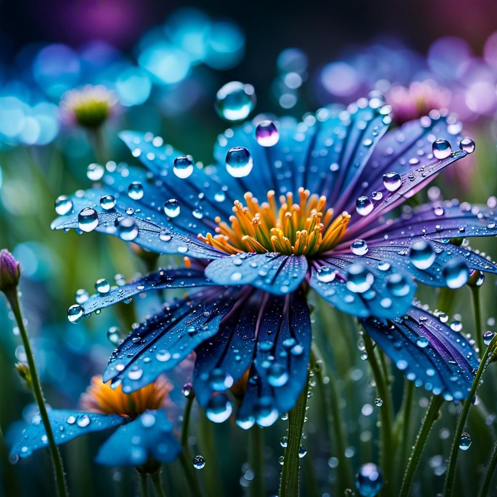 Dew-Kissed Flower Field in Macro Realism