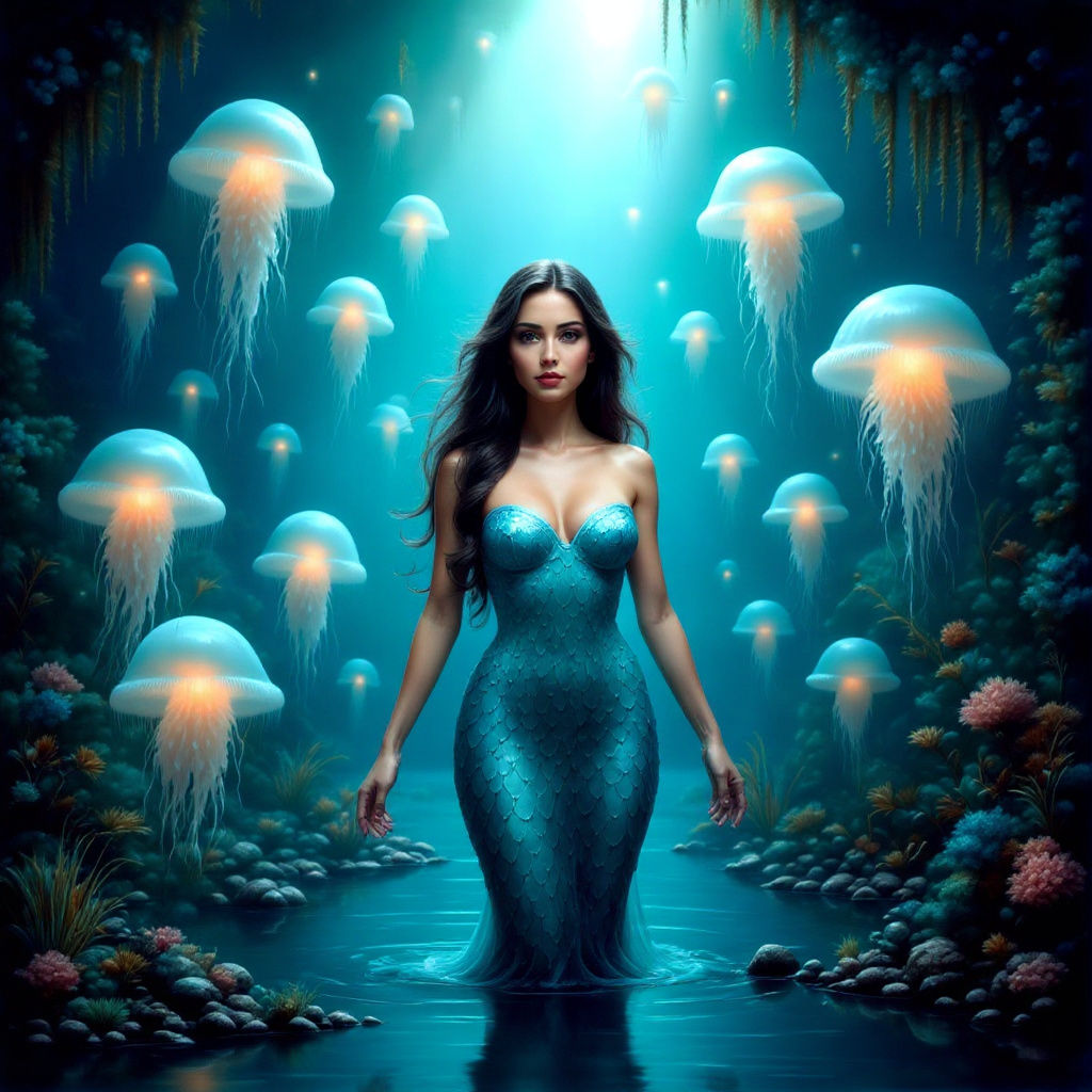 Underwater Grotto with Bioluminescent Jellyfish in Watercolo...