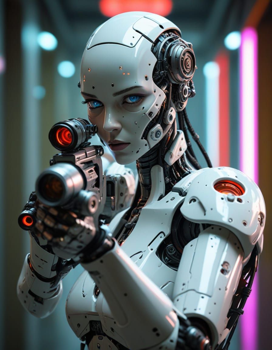 High-End Cyberpunk Cyborg Battle Robot in White Ceramic