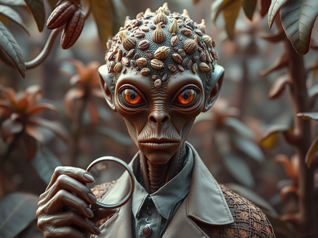 Alien Chocolate Botanist in Jungle, Giger and Haeckel Style