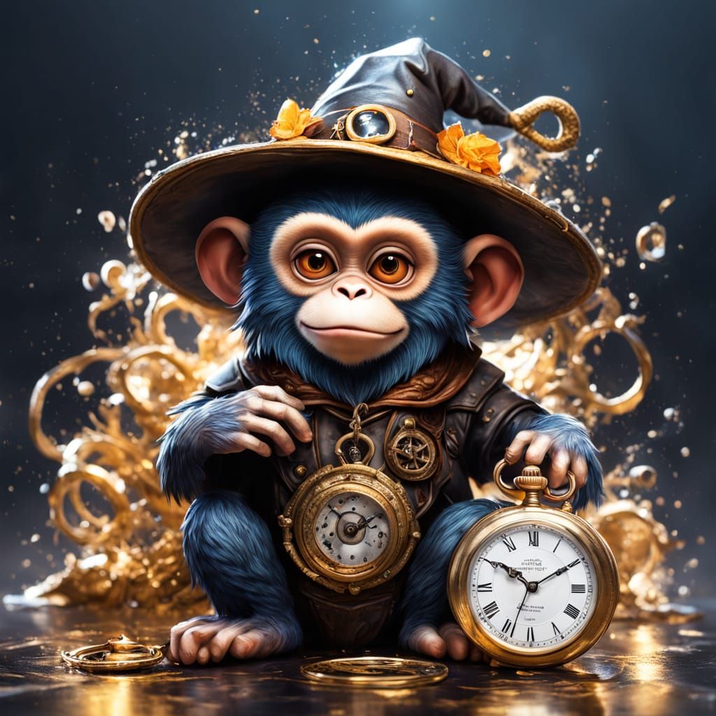 Tiny Monkey Wizard with Pocket Watch, Detailed Portrait