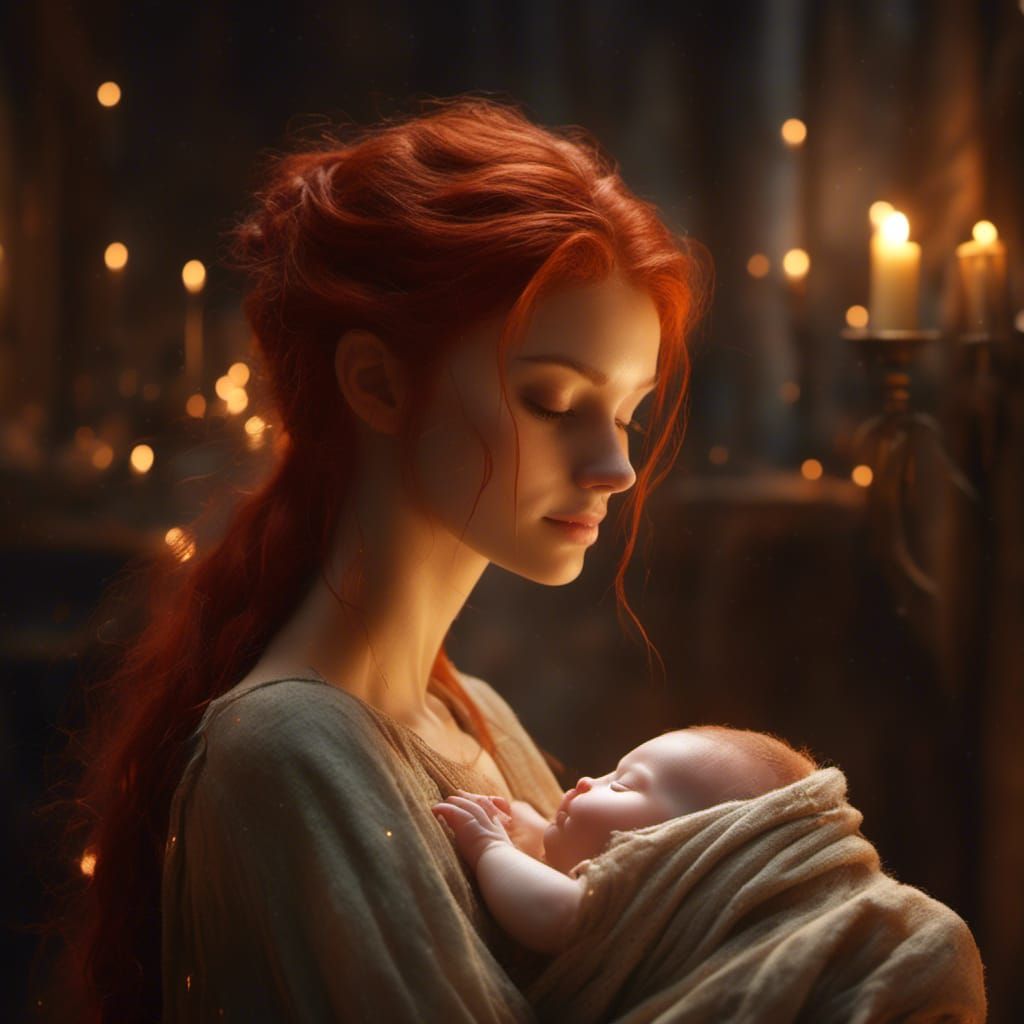 Loving Half-Elf Mother with Newborn Baby