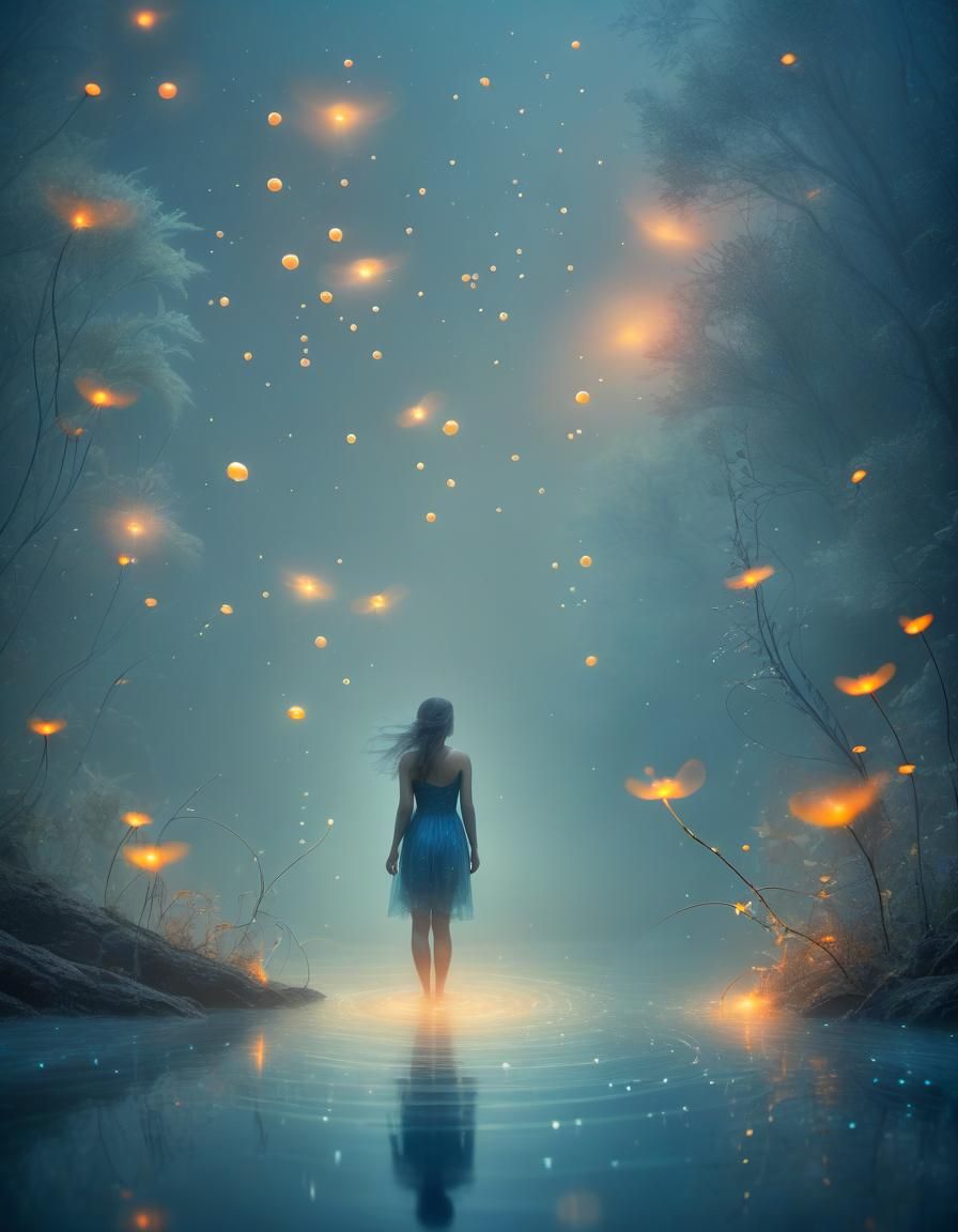 Bioluminescent Fireflies Dance on Misty River
