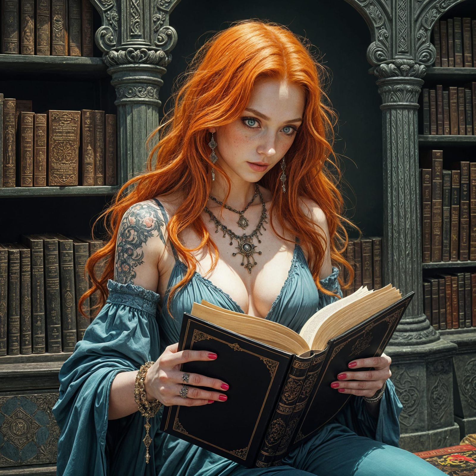 Ginger Witch Reading Tome, Comic Book Illustration