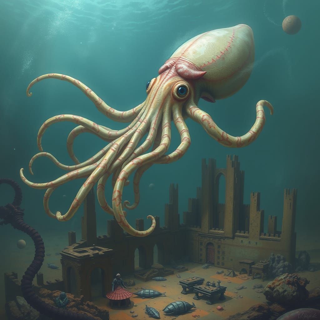 Giant Squid Over Sunken City Ruins