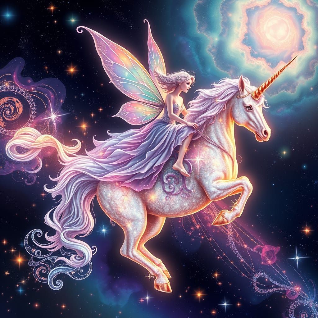 Ethereal Fairy Rides Unicorn Through Cosmos in Vibrant, Glow...