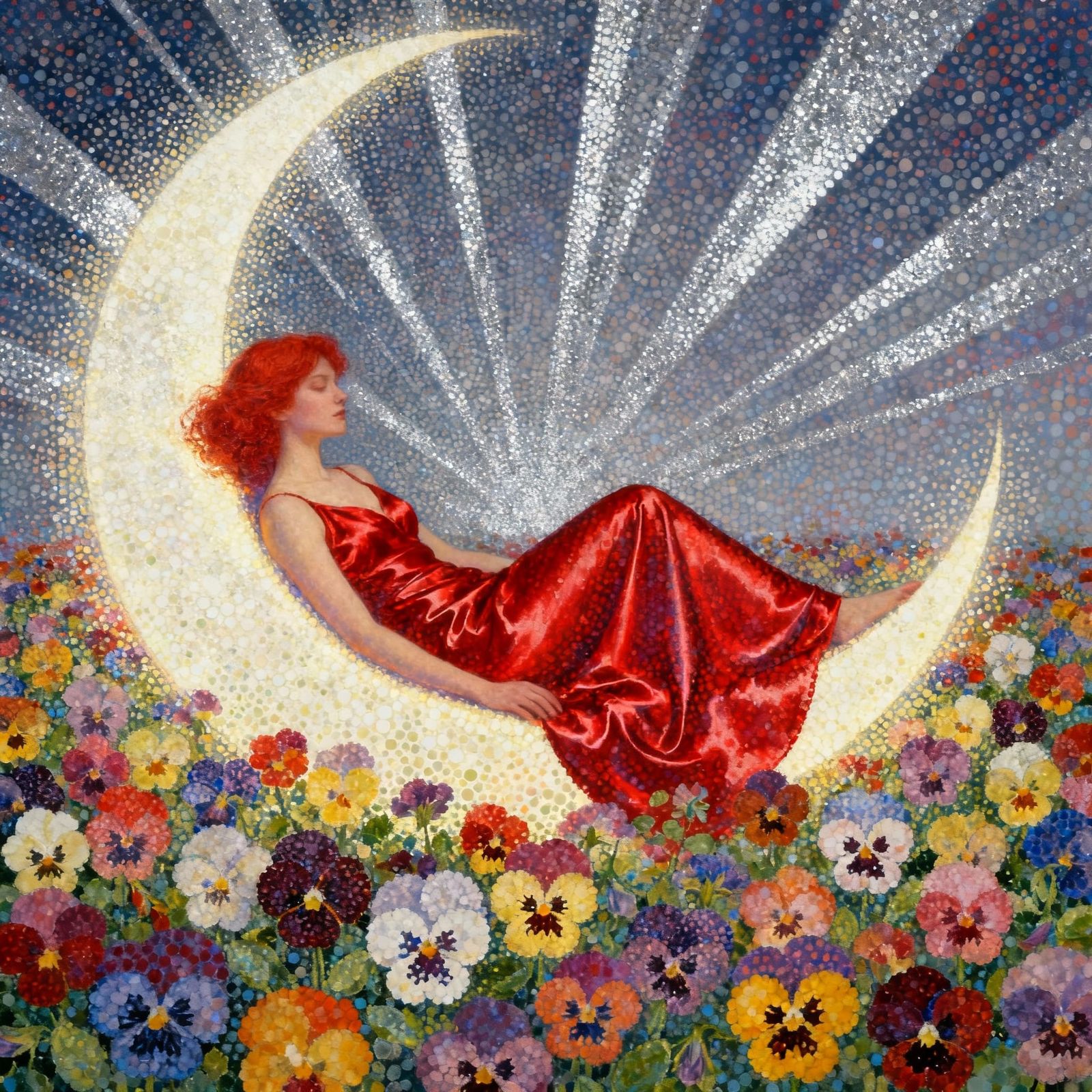 Woman in Red Gown by Radiant Moon in Pansy Field