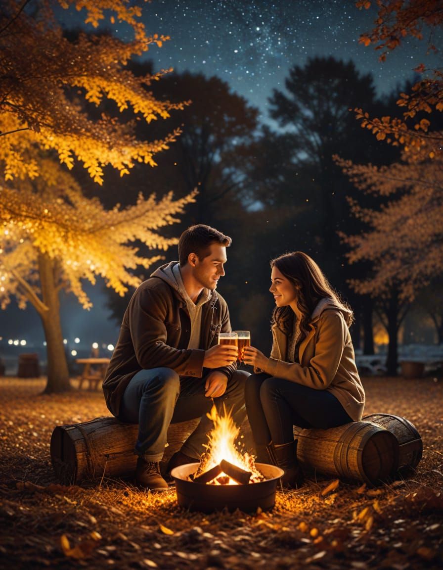 Cozy Autumn Date Night by Bonfire, Cinematic Still