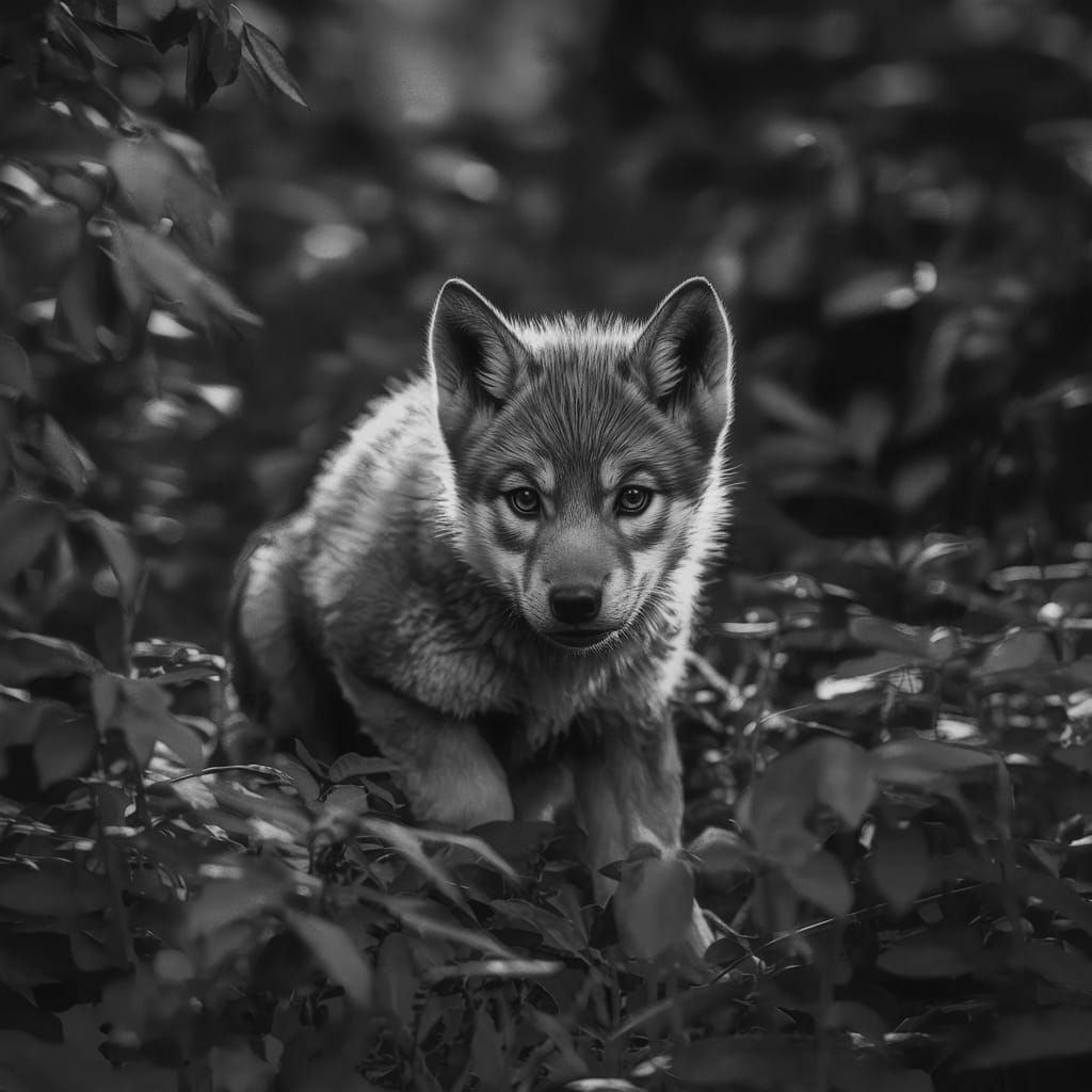 Wolf Pup in Forest Underbrush: A Cinematic Photo